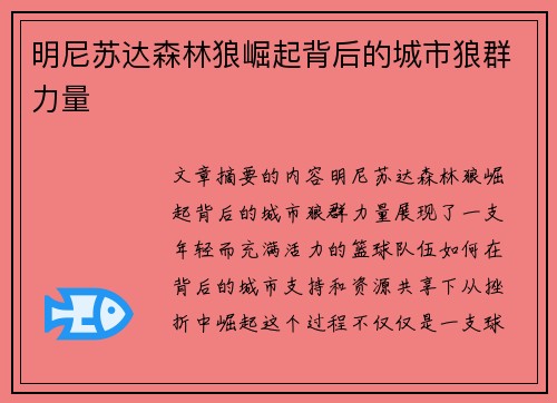 明尼苏达森林狼崛起背后的城市狼群力量
