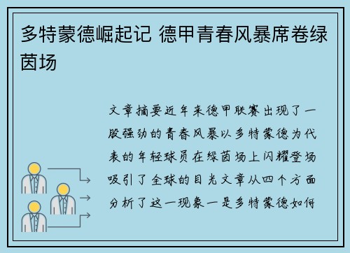 多特蒙德崛起记 德甲青春风暴席卷绿茵场
